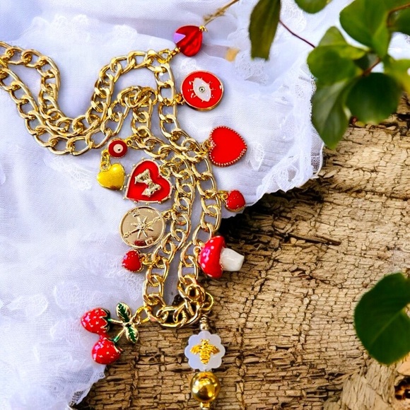 Jewelry - Gold Toned and Red Charm Necklace Enamel Glass Ceramic Crystal 20”